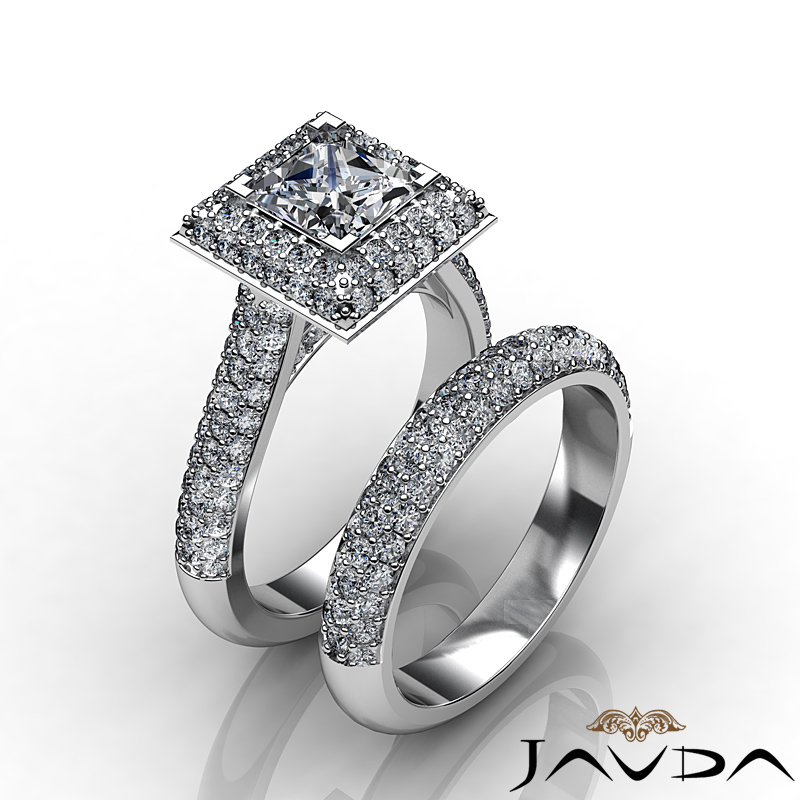 Flashy Bridal Set Princess Diamond Pave Engagement Ring GIA G SI1 Platinum 3.9ct
