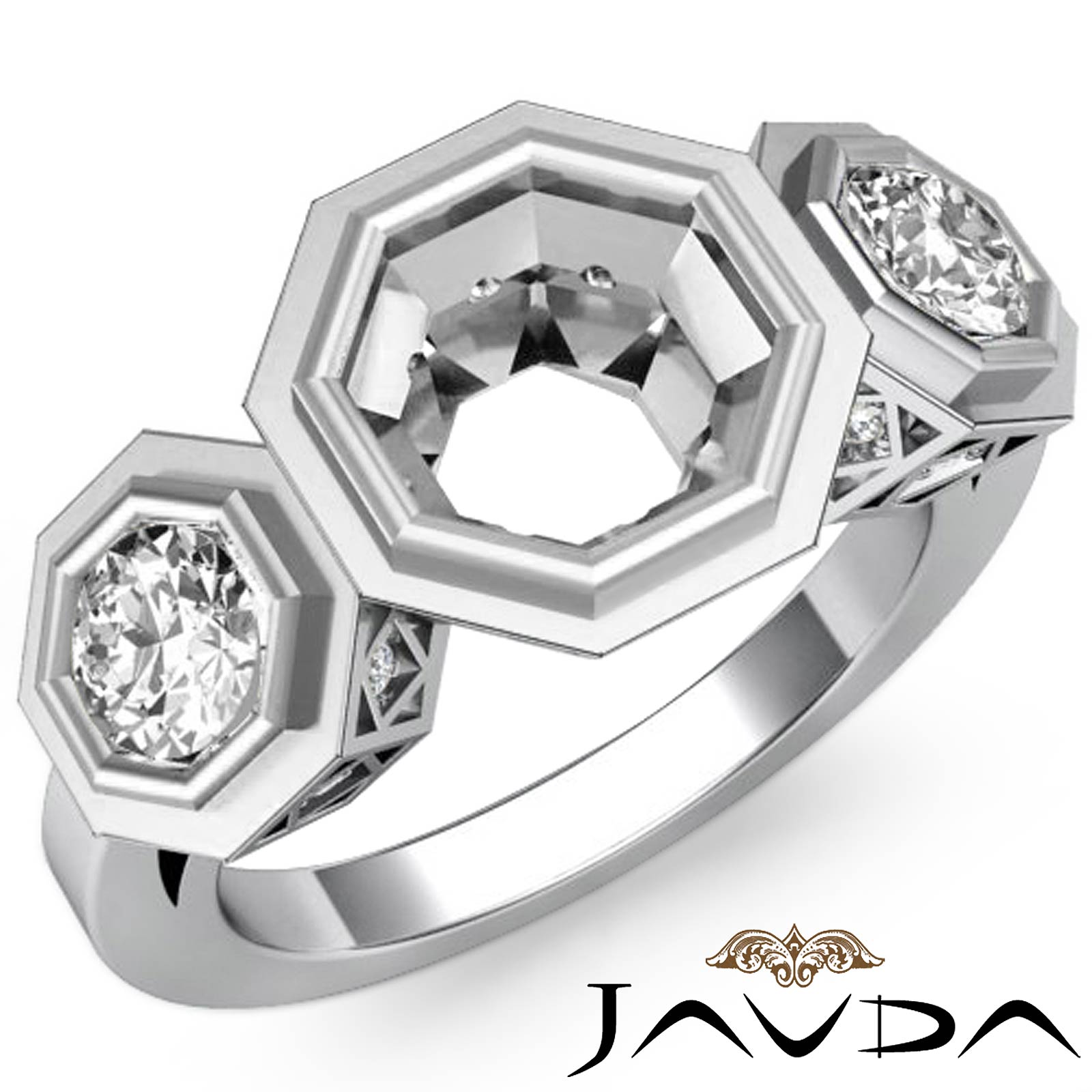 Round Bezel Three 3 Stone Diamond Engagement Ring 14k W Gold Semi Mount