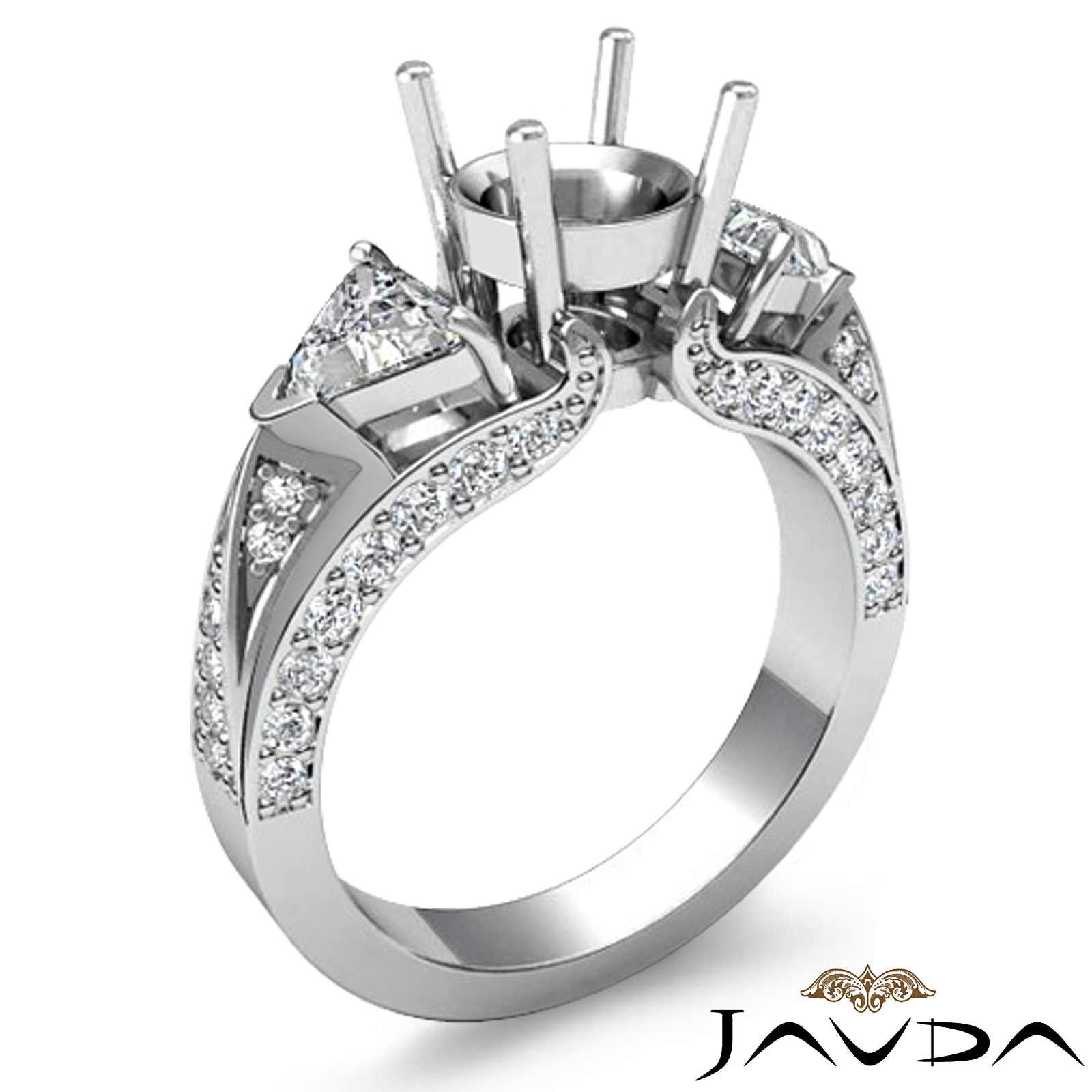Trillion Round Diamond 3 Stone Semi Mount Unique Wedding Ring Platinum