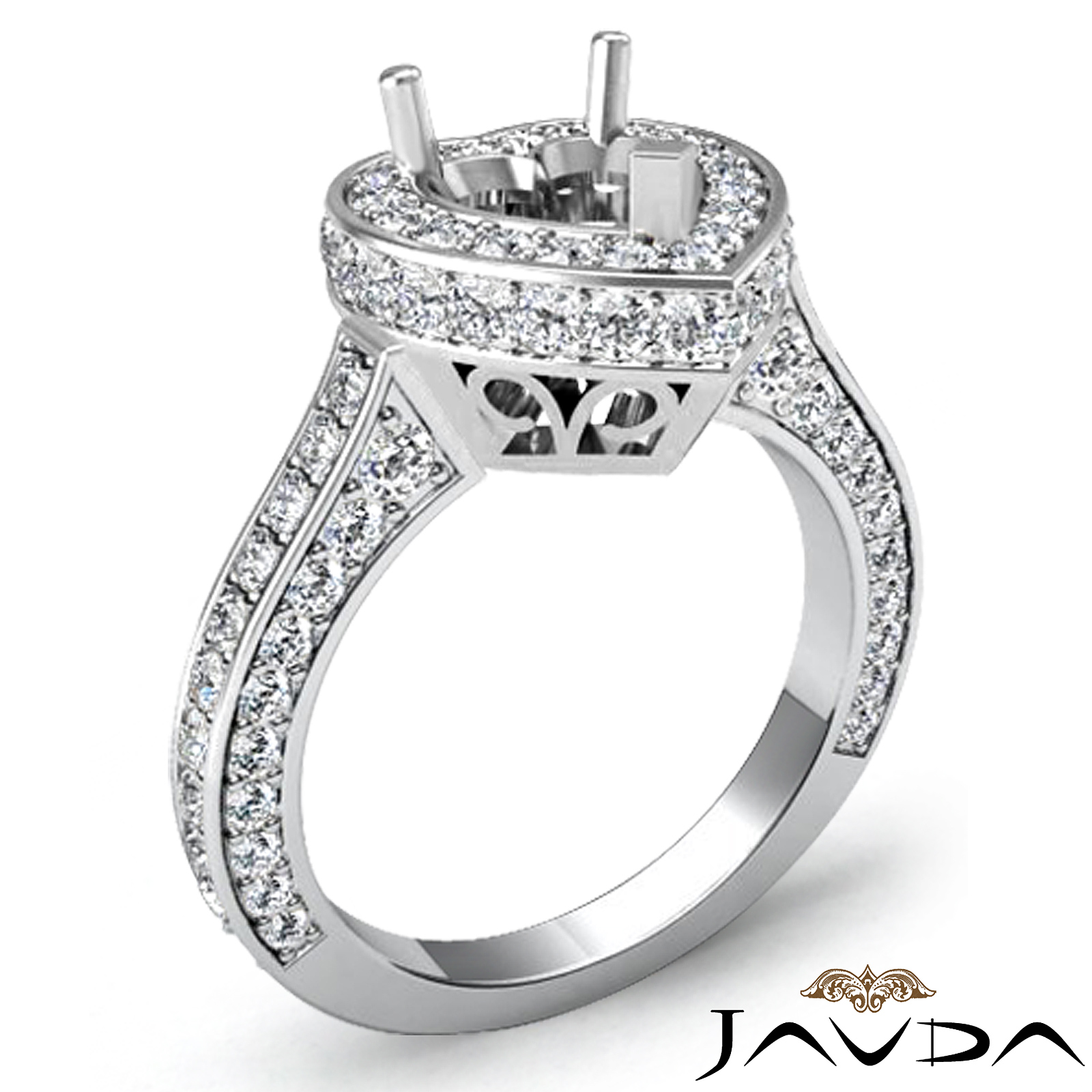 Diamond Engagement Ring Heart Semi Mount Halo Pave Setting 18k White