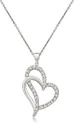 0.25 Ct Round Diamond Double Heart Pendant 14k White Gold