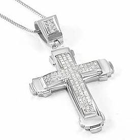 3.25 Ct Princess Diamond Cross Pendant Necklace 14k White Gold
