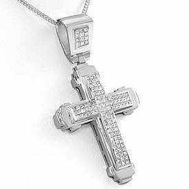 3.25 Ct Princess Diamond Cross Pendant Necklace 14k White Gold
