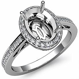 0.50 CT Halo Pave Setting Diamond Engagement Oval Semi Mount Ring 14K White Gold