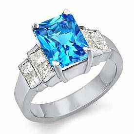 3.80 Ct Princess Diamond Emerald Blue Tpz Gemstone Ring WG