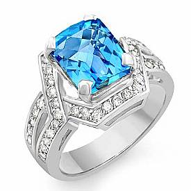 5.55 CT Diamond & Blue Topaz Gemstone fashion Ring W Gold