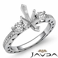 Three Stone Anniversary Diamond Ring Round Marquise Semi Mount 14k W Gold 0.85Ct