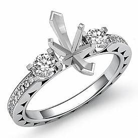 Three Stone Anniversary Diamond Ring Round Marquise Semi Mount 14k W Gold 0.85Ct