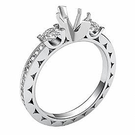 Three Stone Anniversary Diamond Ring Round Marquise Semi Mount 14k W Gold 0.85Ct