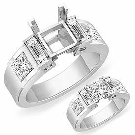 1.15Ct Princess Baguette Diamond Engagement ring Setting 14k W Gold