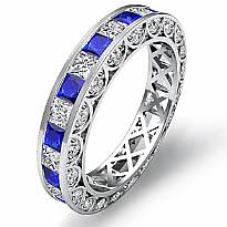 Princess Round Sapphire Diamond Vintage Eternity Ring 14k WGold Women Band 2.9Ct