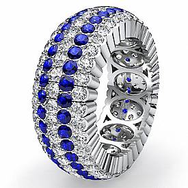 Round Pave Sapphire Diamond Eternity Women Solid Ring Band 14k White Gold 3.6Ct