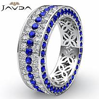 Women 3 Row Eternity Ring Pave Round Sapphire Diamond Band 14k White Gold 2.7Ct