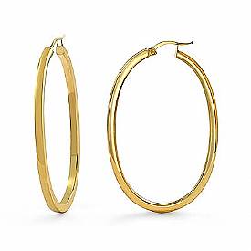 14K Yellow Gold Flat Tube Oval Hoop Women