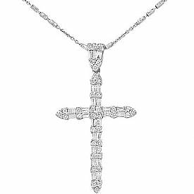 1.03 Ct Round Baguette Diamond Cross Pendant 14k W Gold