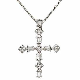 0.30 Ct Baguette Round Diamond Cross Pendant Box Chain 14k WG