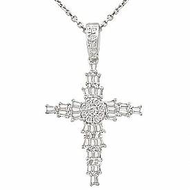 0.62 Ct Round Baguette Diamond Fancy Cross Pendant 14k W Gold