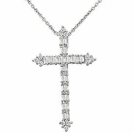 0.45 Ct Baguette Round Diamond Cross Pendant 14k White Gold