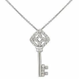 0.16 CT Round Diamond Fancy Key Charm Pendant 14k W Gold