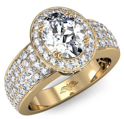 halo pave set 4 row shank oval diamond engagement ring 14k yellow gold 2.96 ctw