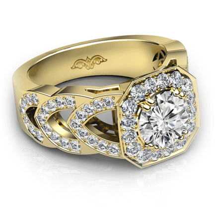 halo pave set filigree shank round diamond engagement ring 14k yellow gold 2.28 ctw