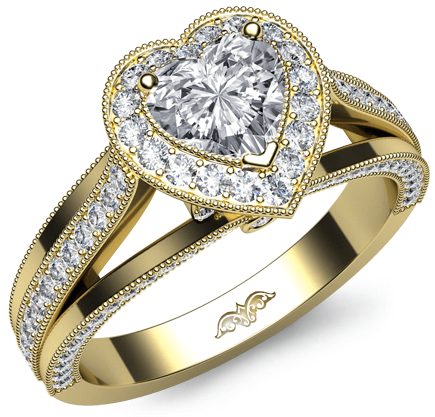 milgrain trio shank halo pave heart diamond engagement ring 14k yellow gold 1.4 ct. wt