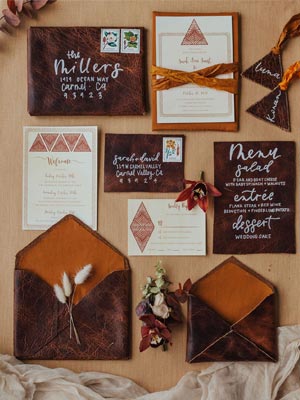 mix linen and leather invitation cards
