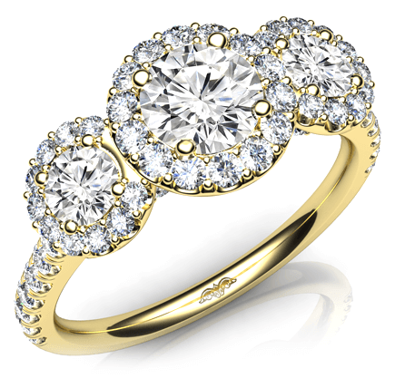 three stone halo pave settings round diamond engagement ring 14k yellow gold 1.6 ctw