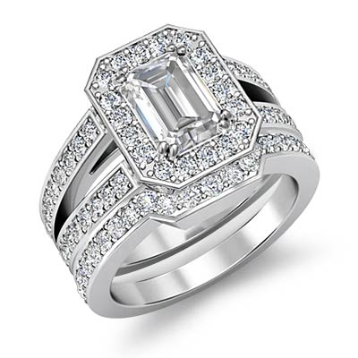Emerald Cut Diamond Bridal Set Pave Engagement Ring GIA I VS2 14k White ...