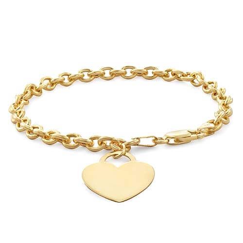 6g 14k Yellow Gold Rolo Link Heart Love Charm Bracelet