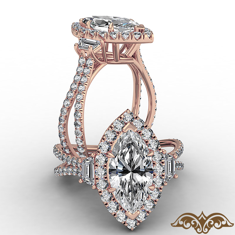 French Pave Halo Three Stone Marquise diamond  Ring in 14k Rose Gold