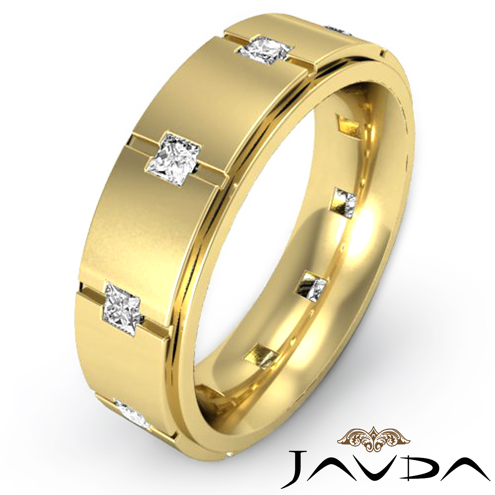 Polish Grooved Men's Princess Diamond Eternity Wedding Band 14k Gold (0 Polish Grooved Men's Princess Diamond Eternity Wedding Band 14k Gold (0