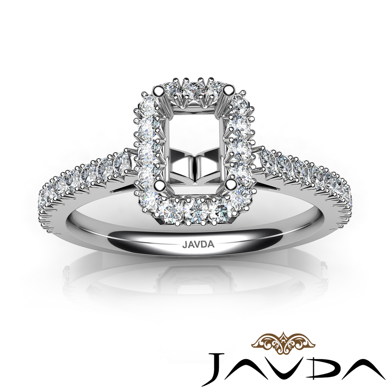 French Cut Pave Set Diamond Engagement Emerald Semi Mount Ring 14K W