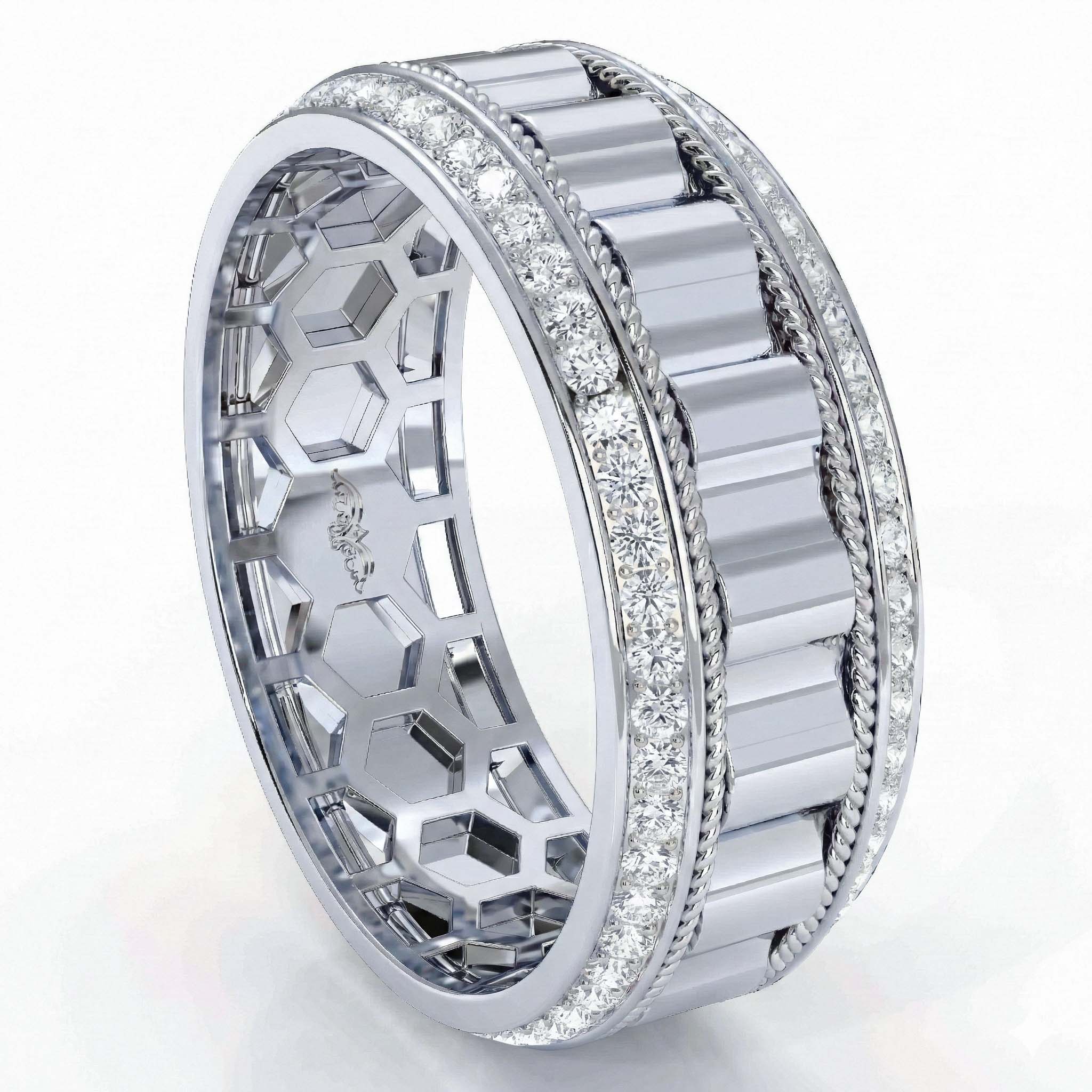 Rope Edge Round Diamond Eternity Mens Wedding Band 14k W Gold (0.9Ct. tw.)
