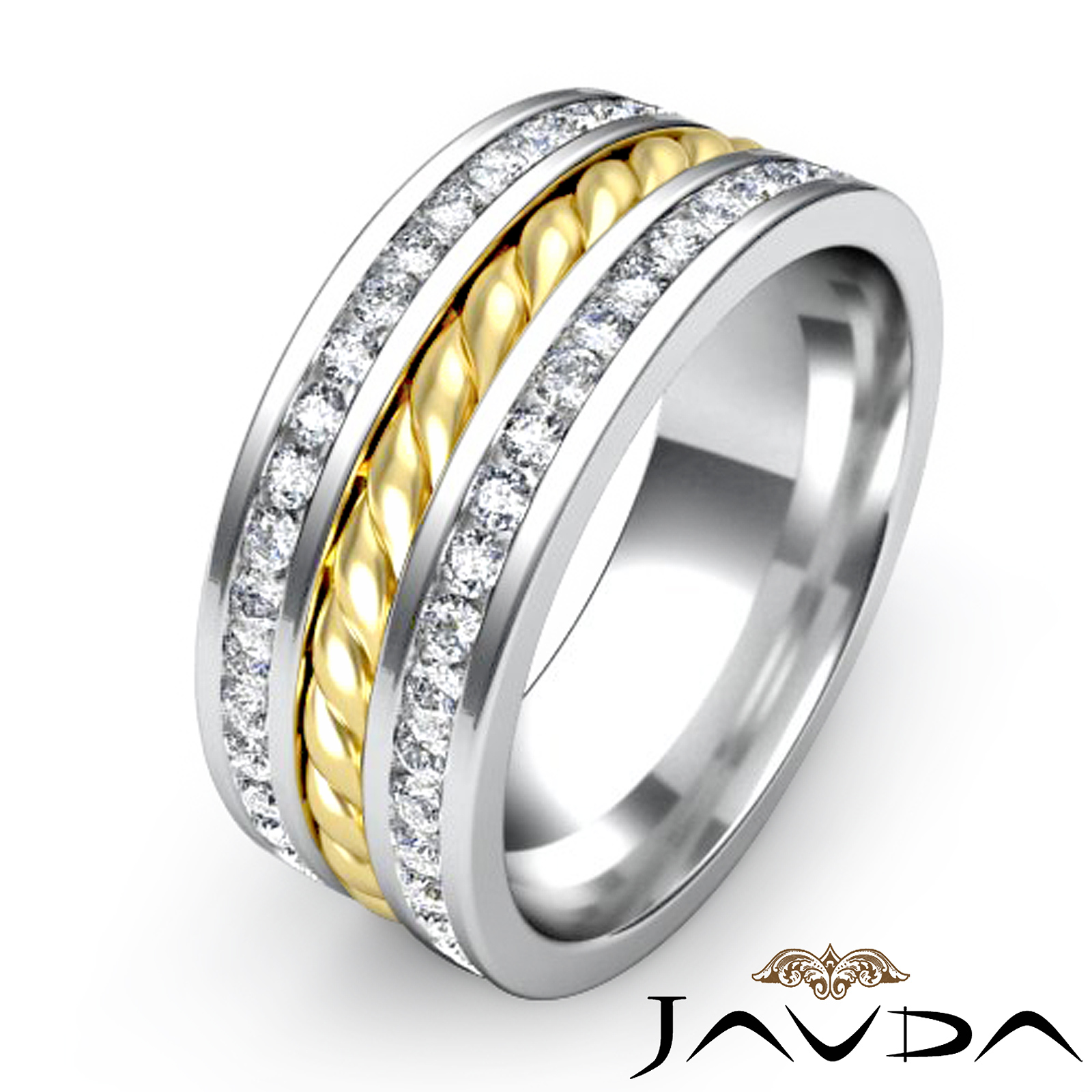 Rope Design Channel Diamond Men's Eternity Wedding Band 14k 2 Tone Gold