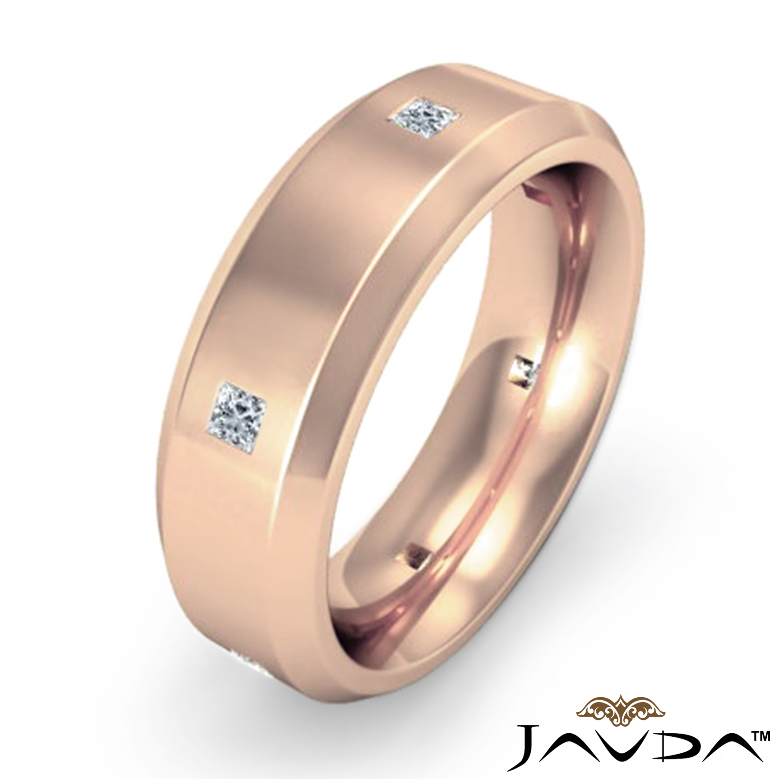 18k Rose Gold Princess Diamond Eternity Men's Wedding Band Beveled