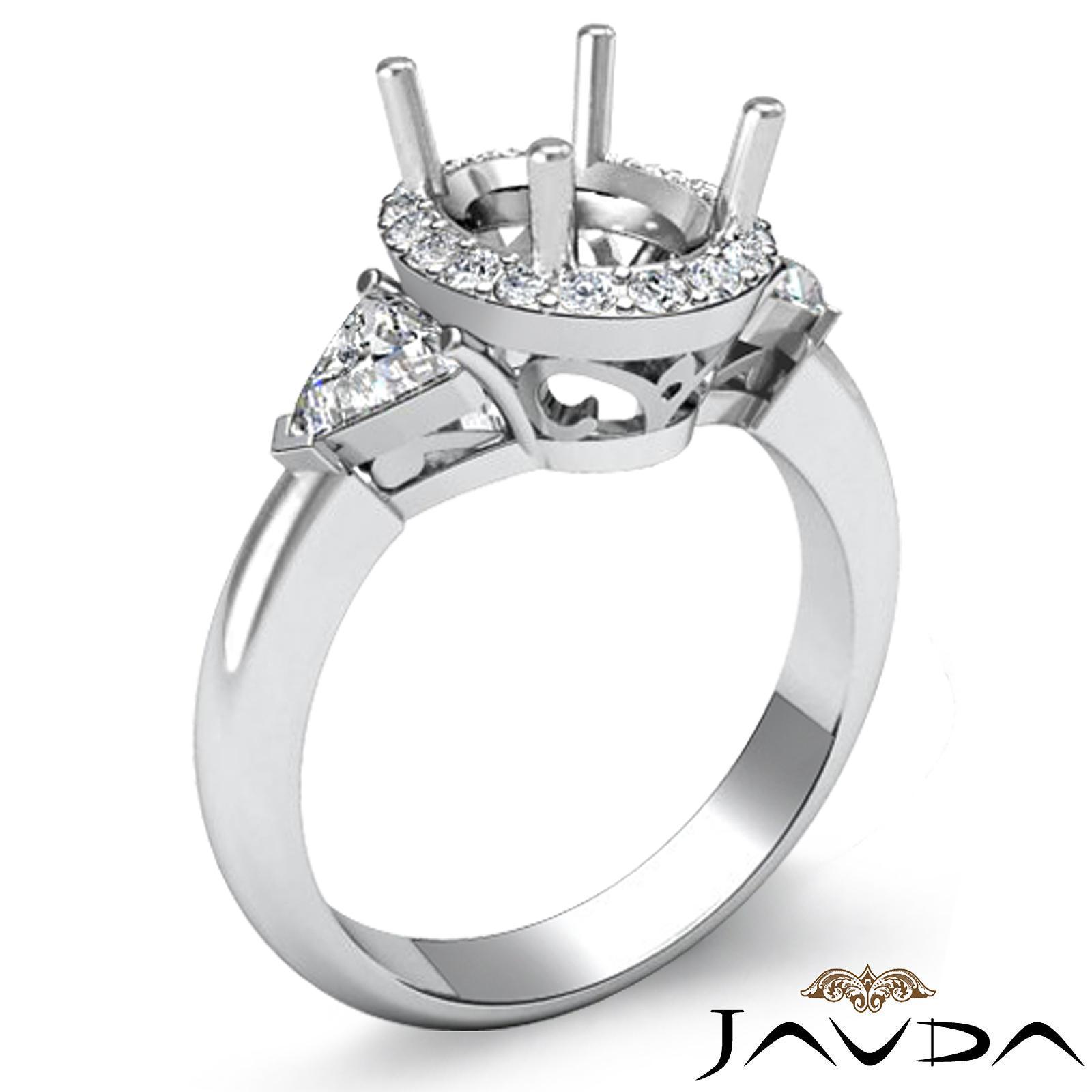 3 Stone Diamond Engagement Trillion Oval Semi Mount Ring 14k W Gold