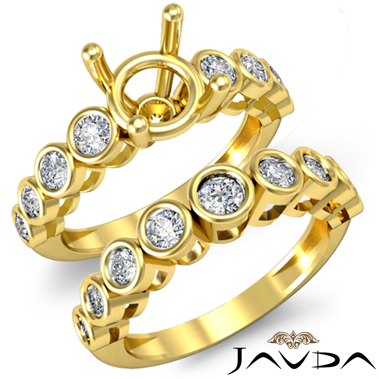 Round Diamond Engagement Ring Bridal Set 14k Gold Bezel Setting (0.86Ct