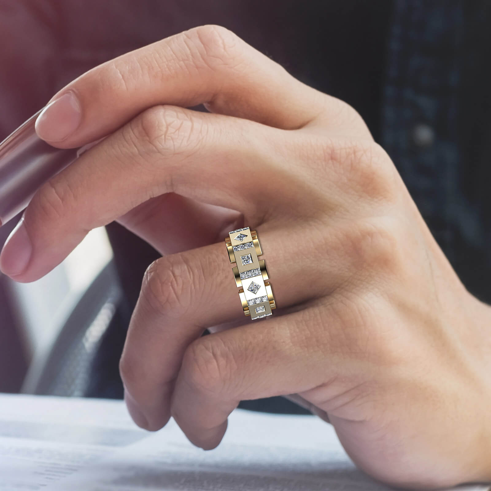 Princess Diamond Box & Kite Eternity Men's Wedding Band in 14k Gold