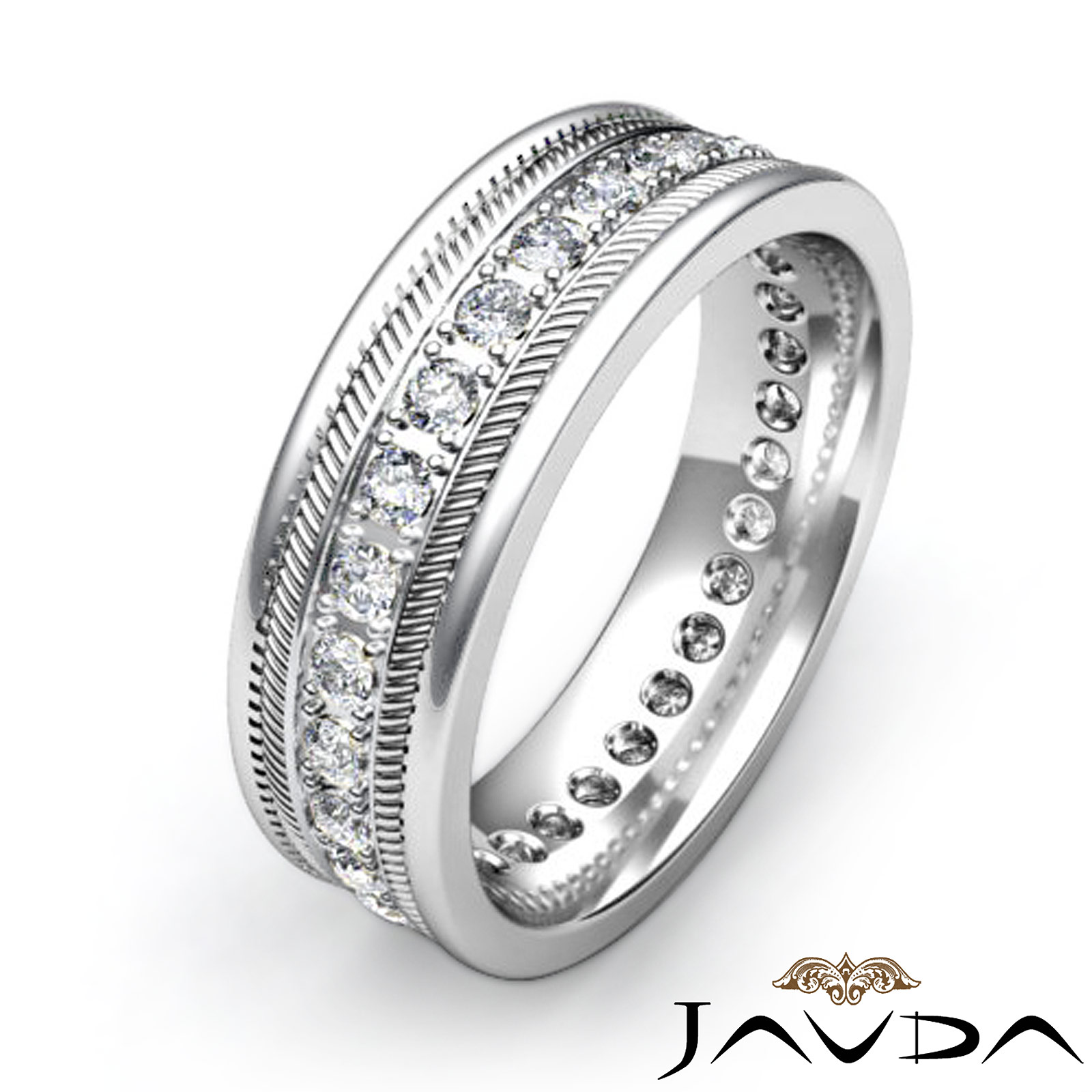 Pave Set Round Edge Diamond Eternity Men's Wedding Band 18k W Gold