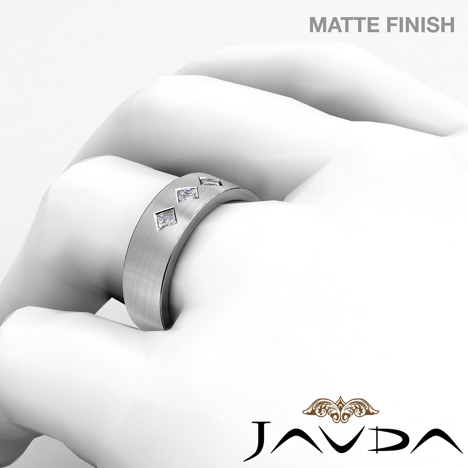 Kite Set Men's Matte 3 Stone Diamond Half Wedding Band 14k White Gold 0