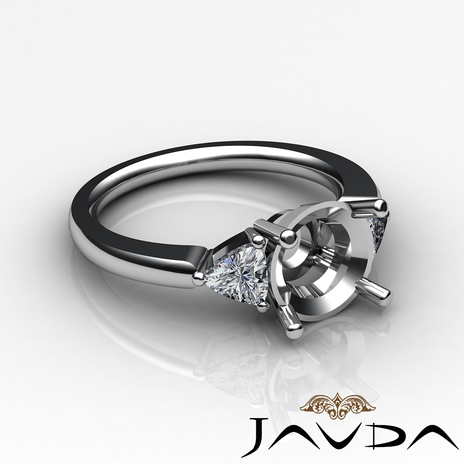 Three Stone Diamond Engagement Trillion Round Semi Mount Ring 14k W