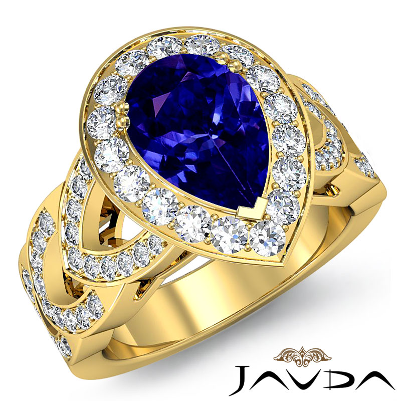 Designer Shank Halo Pave Pear diamond engagement Ring in 14k Gold Yellow