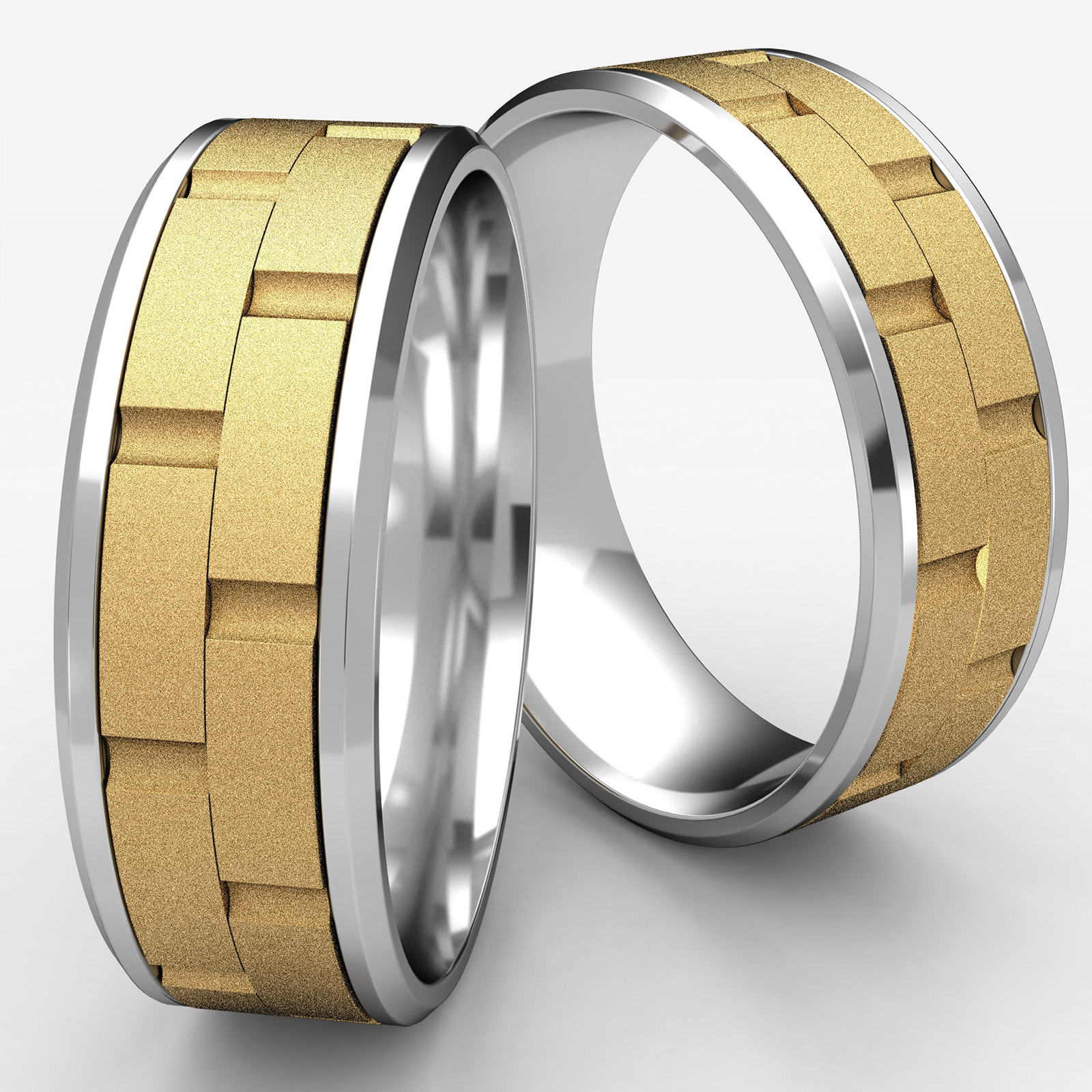 Chain Link Beveled Edge Mens 2 Tone Gold Carved Wedding Band