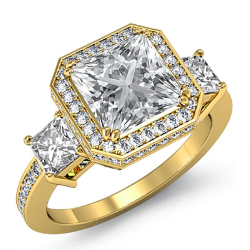 Circa Halo Pave Three Stone diamond Ring 18k Gold Yellow