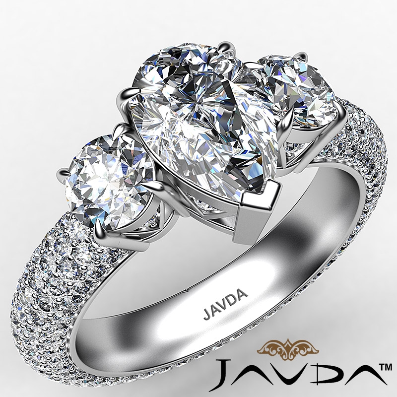 Micro Pave Set Three Stone diamond Ring 14k Gold White