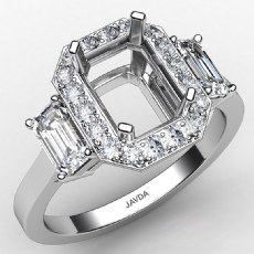3 Stone Halo Diamond Engagement Emerald Semi Mount 14K White Gold Ring 0.73Ct.