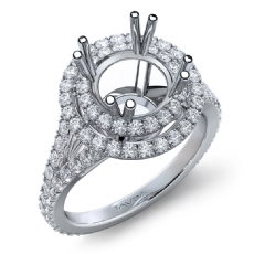 Round Semi Mount French V Cut Pave Diamond Engagement Ring 14k White Gold 1.30Ct