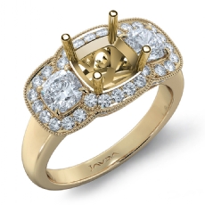 Diamond Engagement 3Stone Ring 14k Gold Yellow Cushion Semi Mount Halo Band  (1.05Ct. tw.)