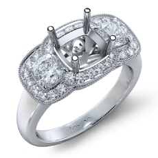 Diamond Engagement 3Stone Ring 14k White Gold Cushion Semi Mount Halo Band 1.05Ct